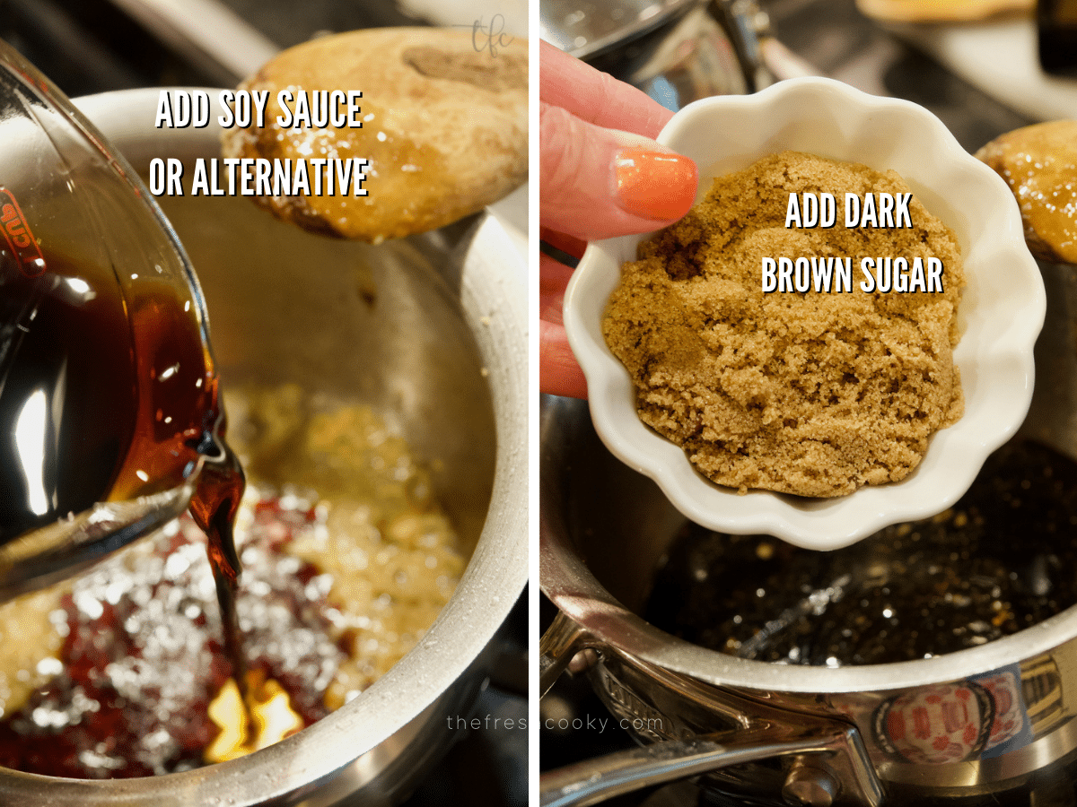 Mongolian Beef Process shots, adding soy sauce and brown sugar.