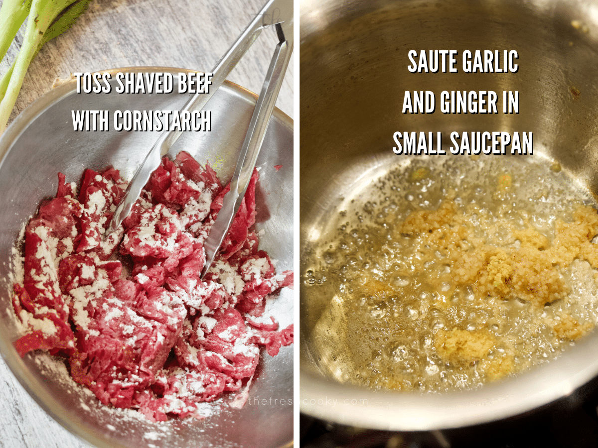 Process shots for mongolian beef, tossing shaved steak in cornstarch, saute the ginger and garlic in small saucepan.