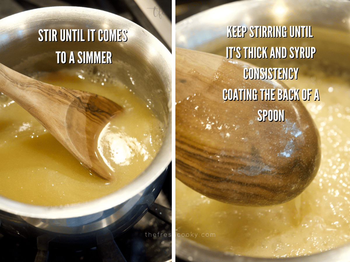 Thick vanilla sauce in saucepan with wooden spoon stirring, second image of sauce coating back of wooden spoon.