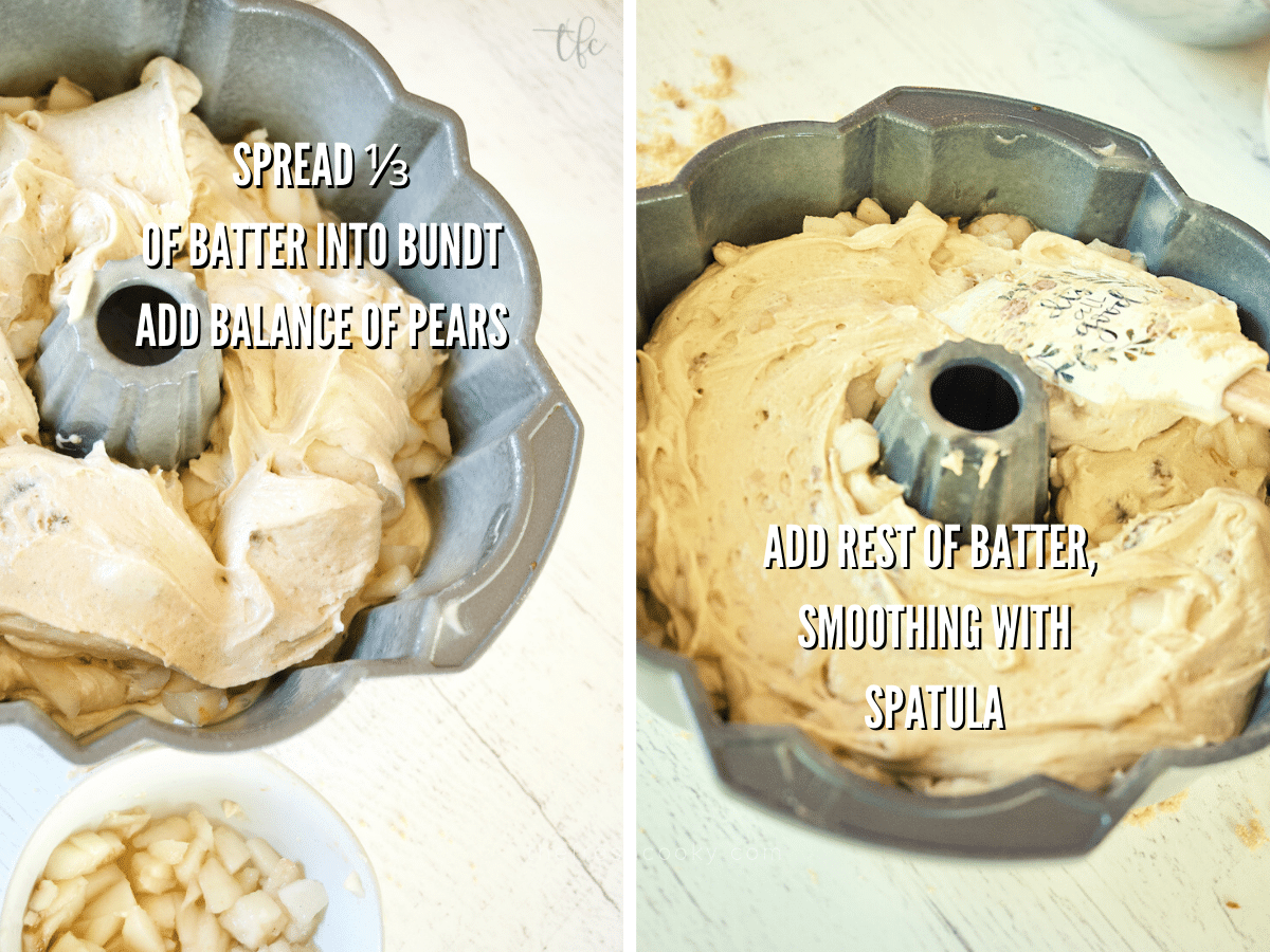 Layering the pears between the batter for pear bundt cake recipe.