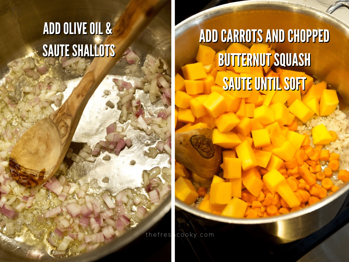 Autumn squash soup process shots, image 1 is sautéing shallots in olive oil in large pot, second image of carrots and cubed butternut squash in pot