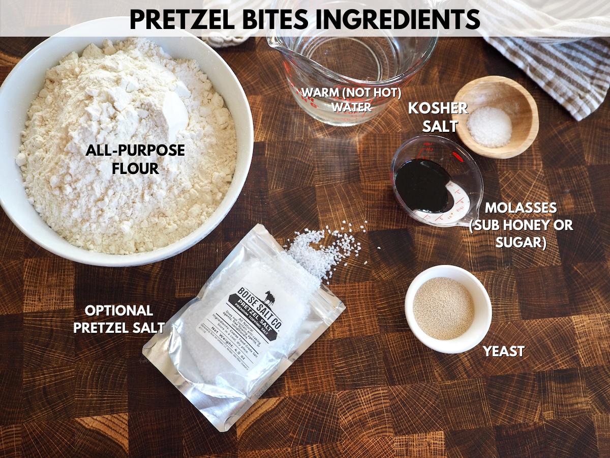 Air Fryer Pretzel Bites Ingredients shot, flour, warm water, salt, molasses and yeast plus some pretzel salt.