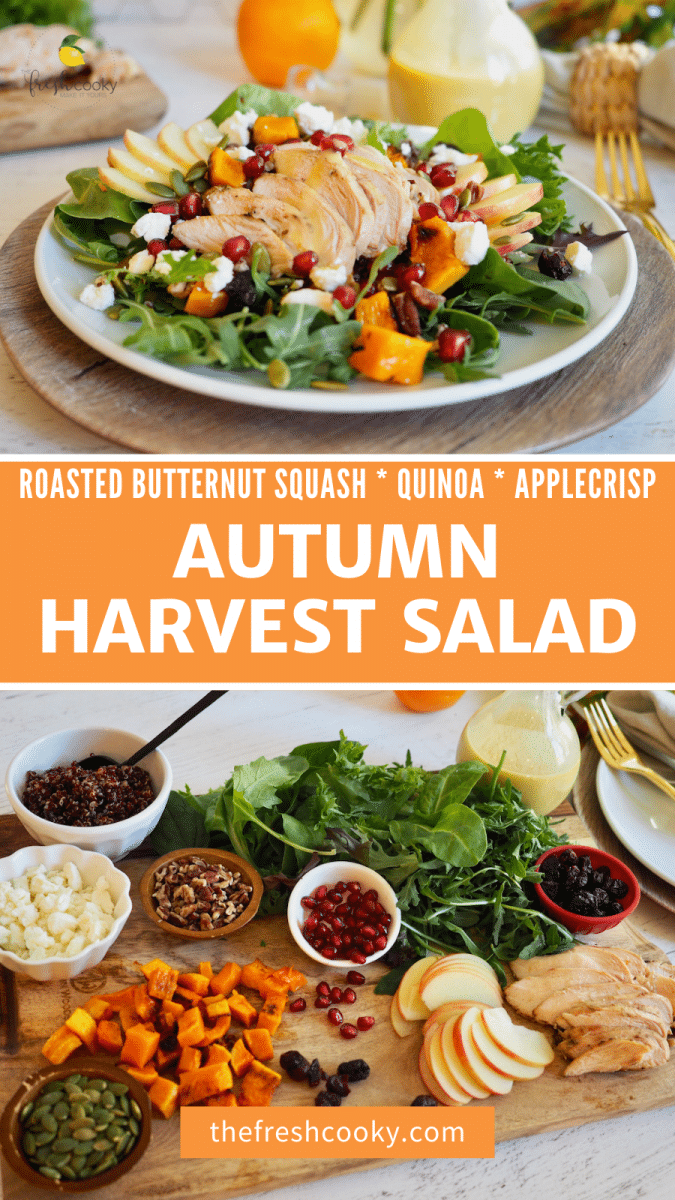 Pin for autumn harvest chicken salad with roasted butternut squash, quinoa, feta cheese and honeycrisp apples.