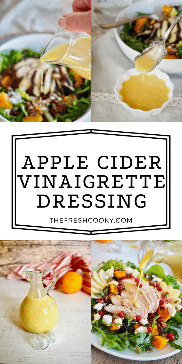 Apple Cider Vinaigrette 4 images with a variety of ways to enjoy the dressing on a harvest salad.