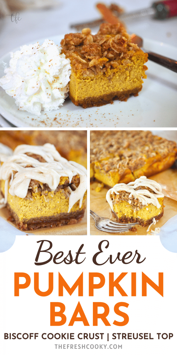 Long pin for the best ever Pumpkin Bars with top image of pumpkin bar with whipped cream, bottom images of pumpkin bars topped with brown butter maple glaze.