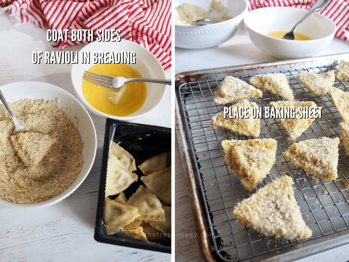 Process shots for air fryer ravioli with one image showing ravioli in egg wash and another in breadcrumbs, second image of breaded ravioli on wire rack and baking sheet. 