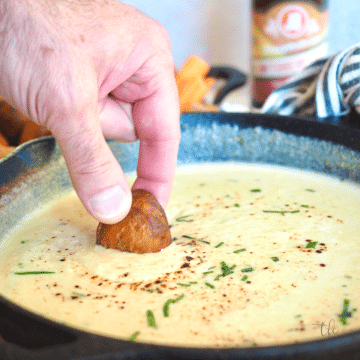 Easy Beer Cheese Dip with hand holding pretzel bite dipping into hot melty cheese dip.