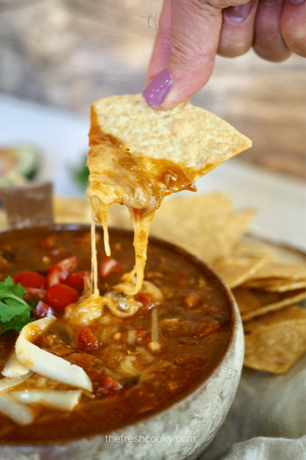Green Chile recipe with hand dipping tortilla chip into cheesy chili dip.