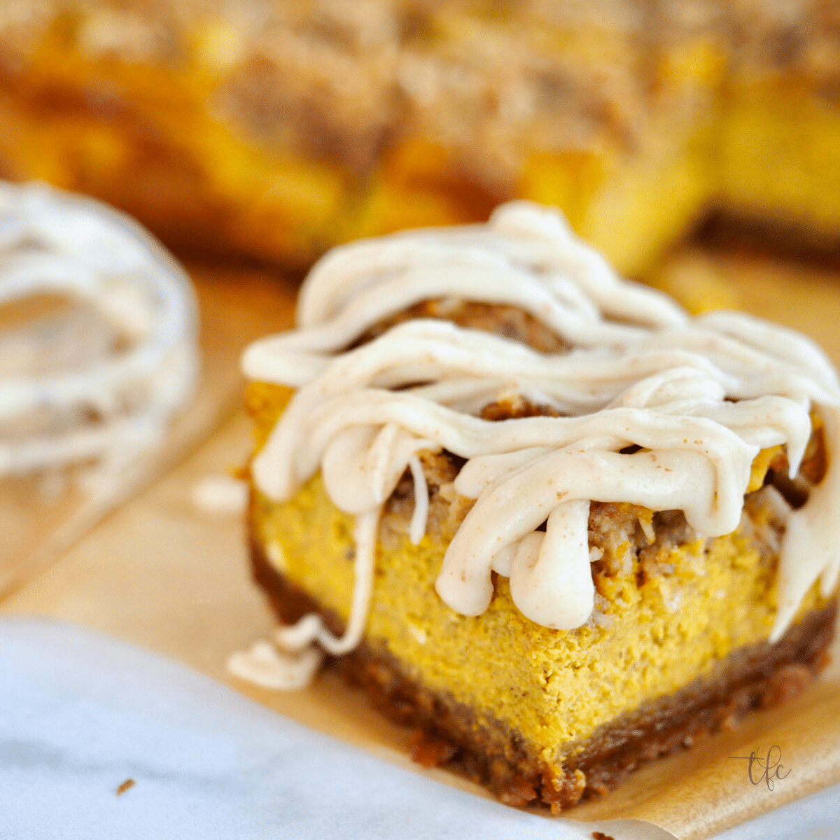 Pumpkin Streusel bar with brown butter glaze on top.