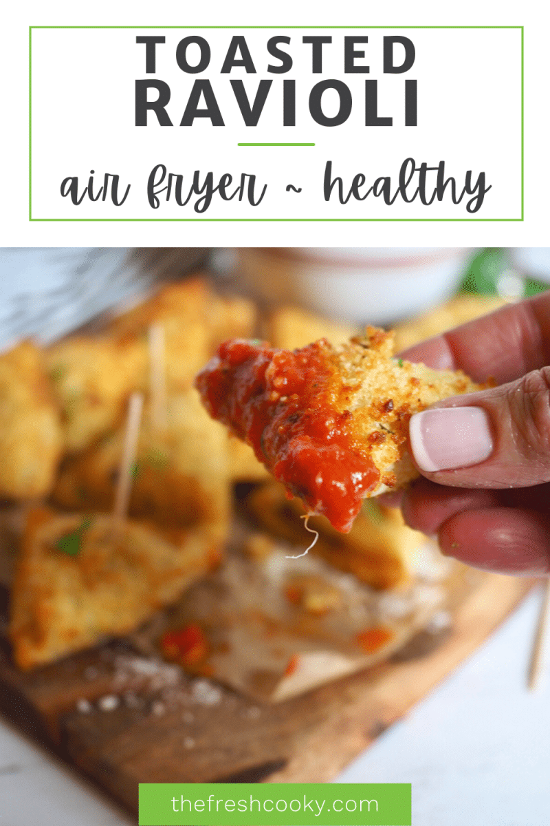 Pin for Air Fryer Toasted Ravioli with hand holding a dipped fried ravioli.
