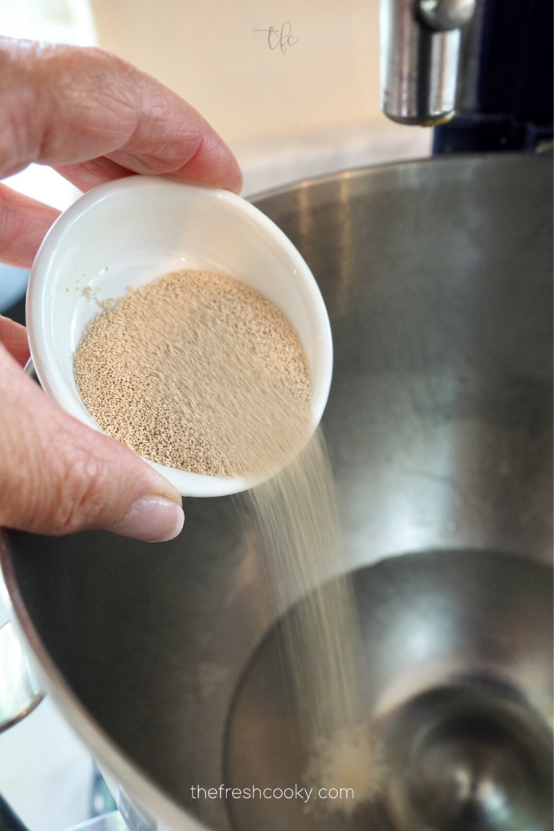 Adding yeast to pretzel dough mixture of warm water and molasses. 