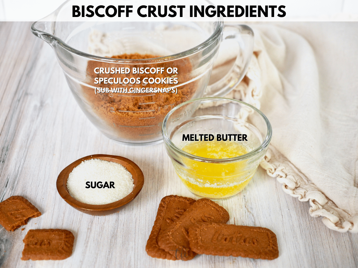 Ingredient shot for Biscoff Cookie Crust L-R crushed biscoff cookies, melted butter, sugar.