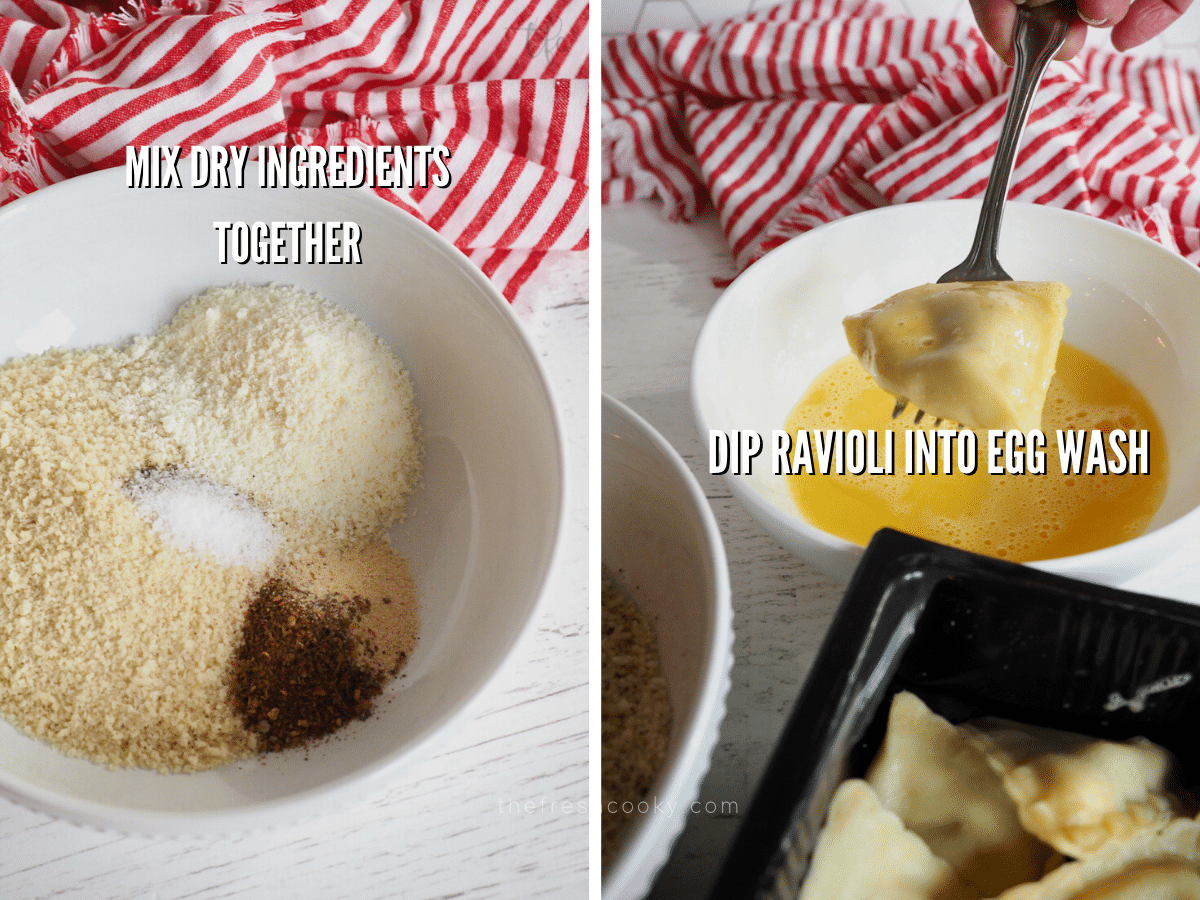 Air Fryer ravioli, mixing dry ingredients in shallow bowl and second image dipping ravioli in egg wash.