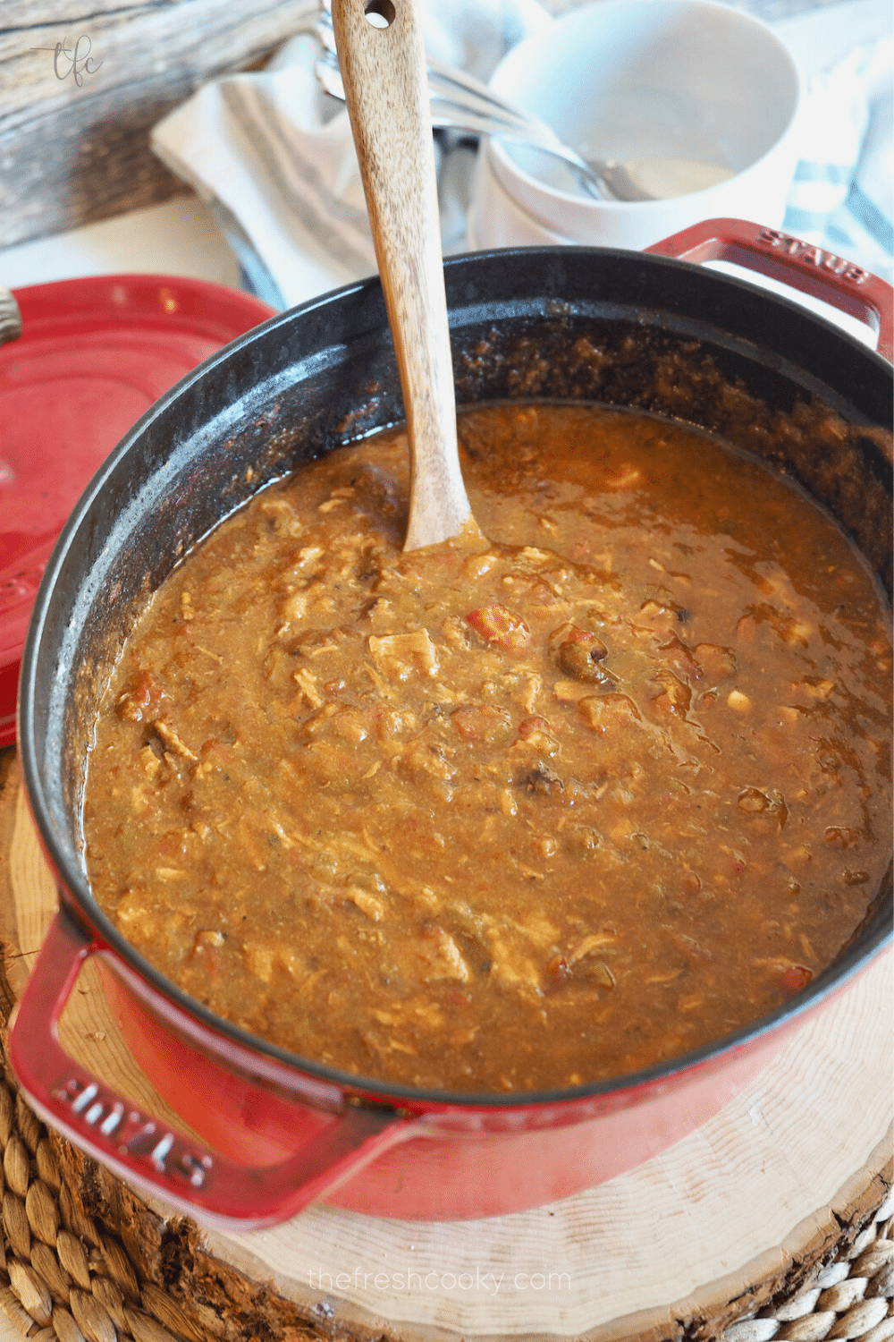 Finished green chile in soup pot.