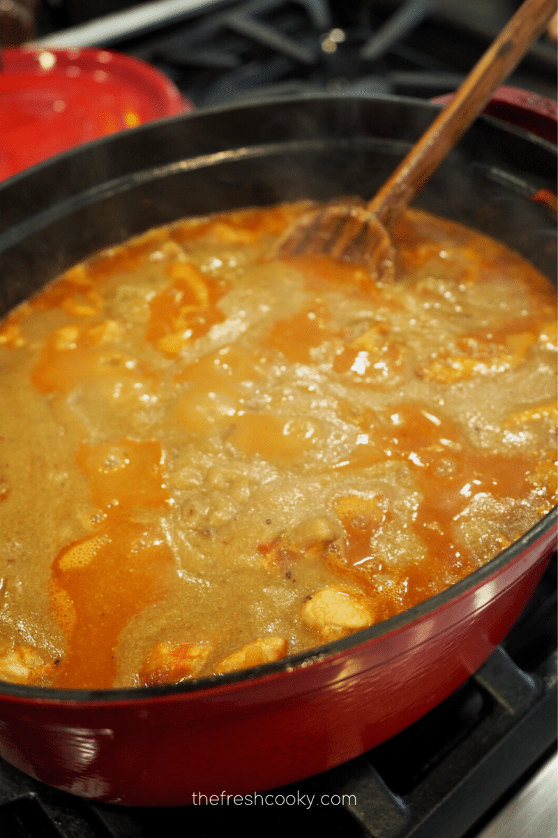 Pour finished gravy or roux into green chile and stir.