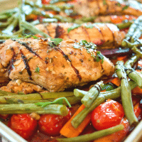 Square image for balsamic maple sheet pan chicken and veggies.