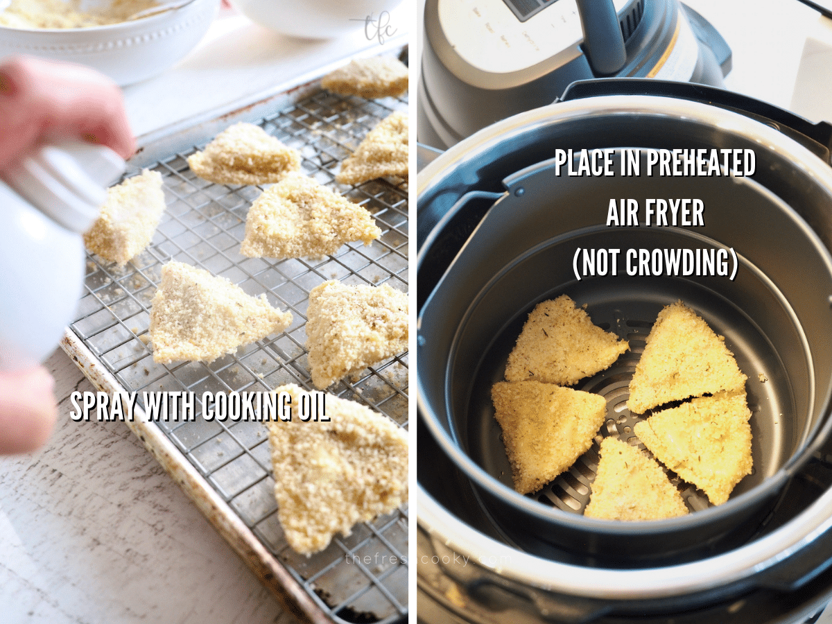 Spraying breaded ravioli with oil and placing ravioli in basket of air fryer.