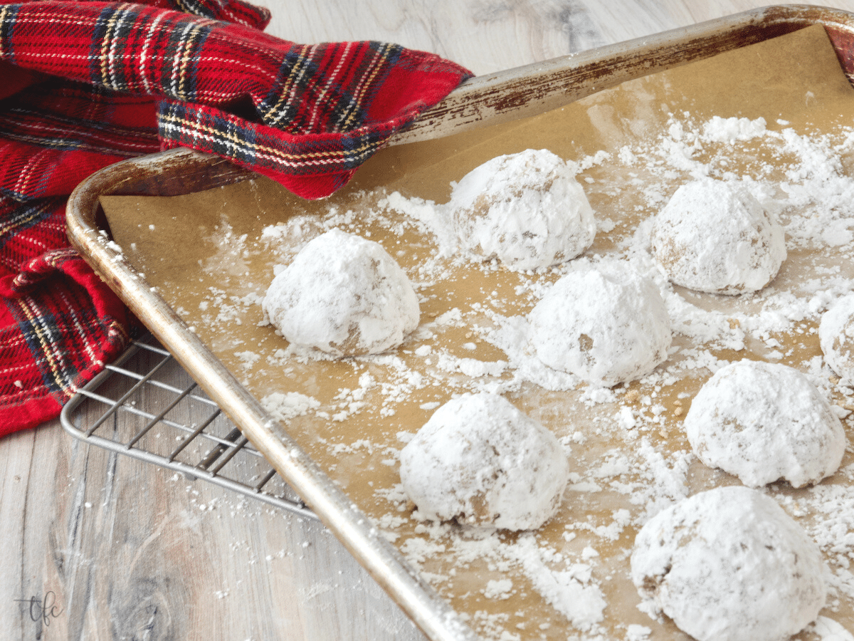 German spiced pfeffernusse cookies dusted in powdered sugar and sitting on a baking tray.