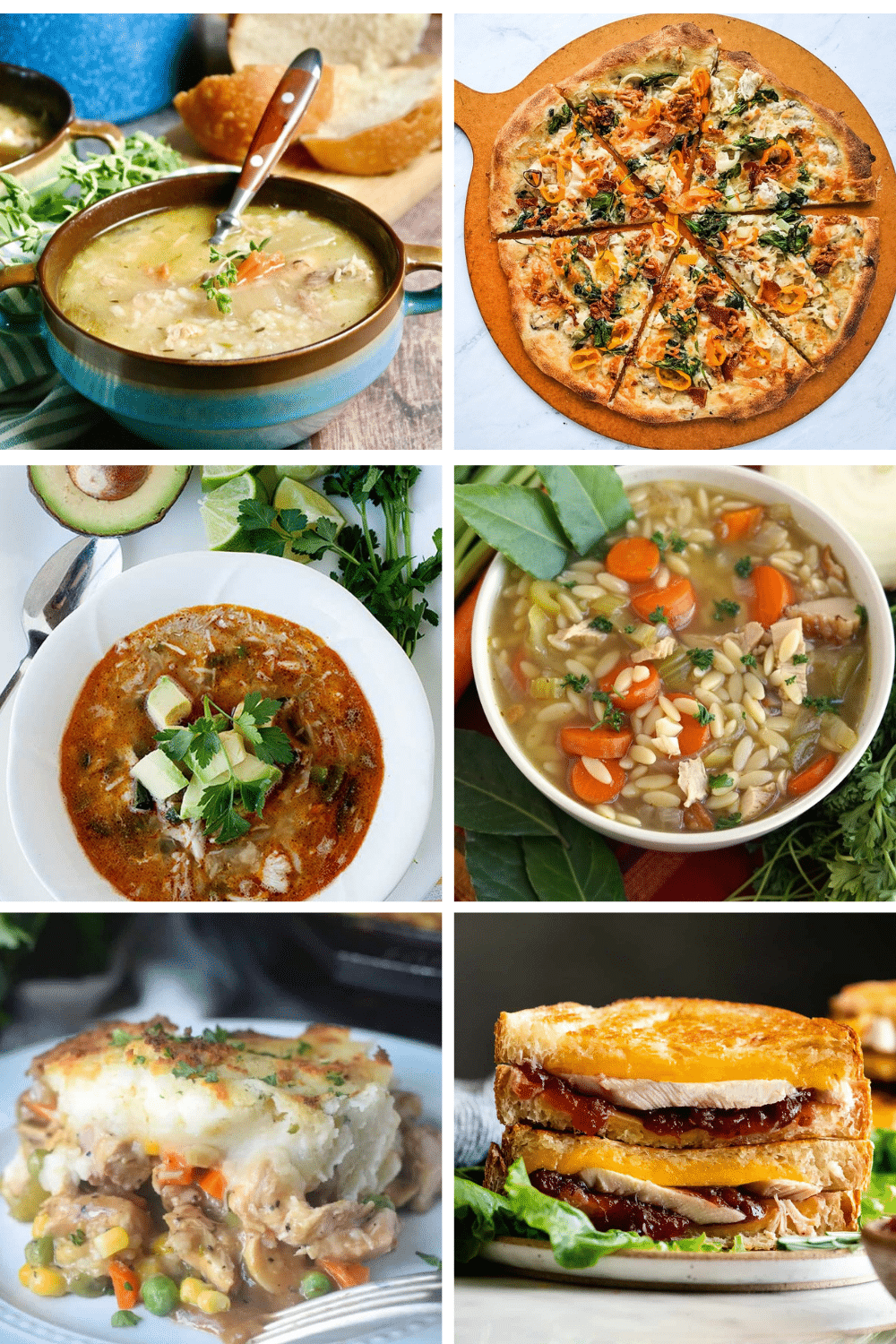 6 grid images for Leftover Turkey Recipes L-R Turkey Soup, Turkey Pizza, Turkey Chili, Turkey Stew, turkey shepherds pie and a turkey cranberry sandwich.
