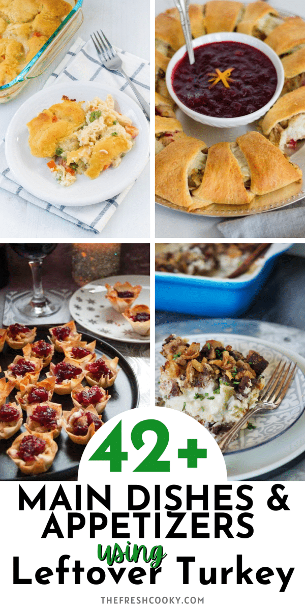Pin for 42 plus main dish and appetizer recipes using leftover turkey with images of turkey pot pie, turkey crescent bake, turkey brie bites, turkey divan.