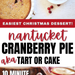 Long pin for Nantucket Cranberry Pie aka tart or cake, top image of top down shot of slice of cranberry pie with ice cream and whole pie with slice removed nearby, bottom image closeup of slice of pie with sugared cranberries and ice cream on top.