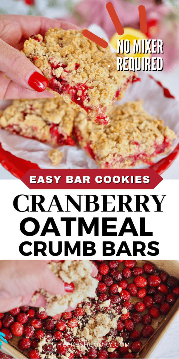 Long pin for oatmeal cranberry crunch bars with top image of hand holding a cranberry crumb bar and bottom image of hand placing crumb streusel topping on top of cranberries.