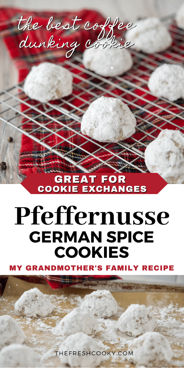 Long pin for Traditional Pfeffernusse German Spice Cookies with image of cookies dusted in powdered sugar on a cooling rack.