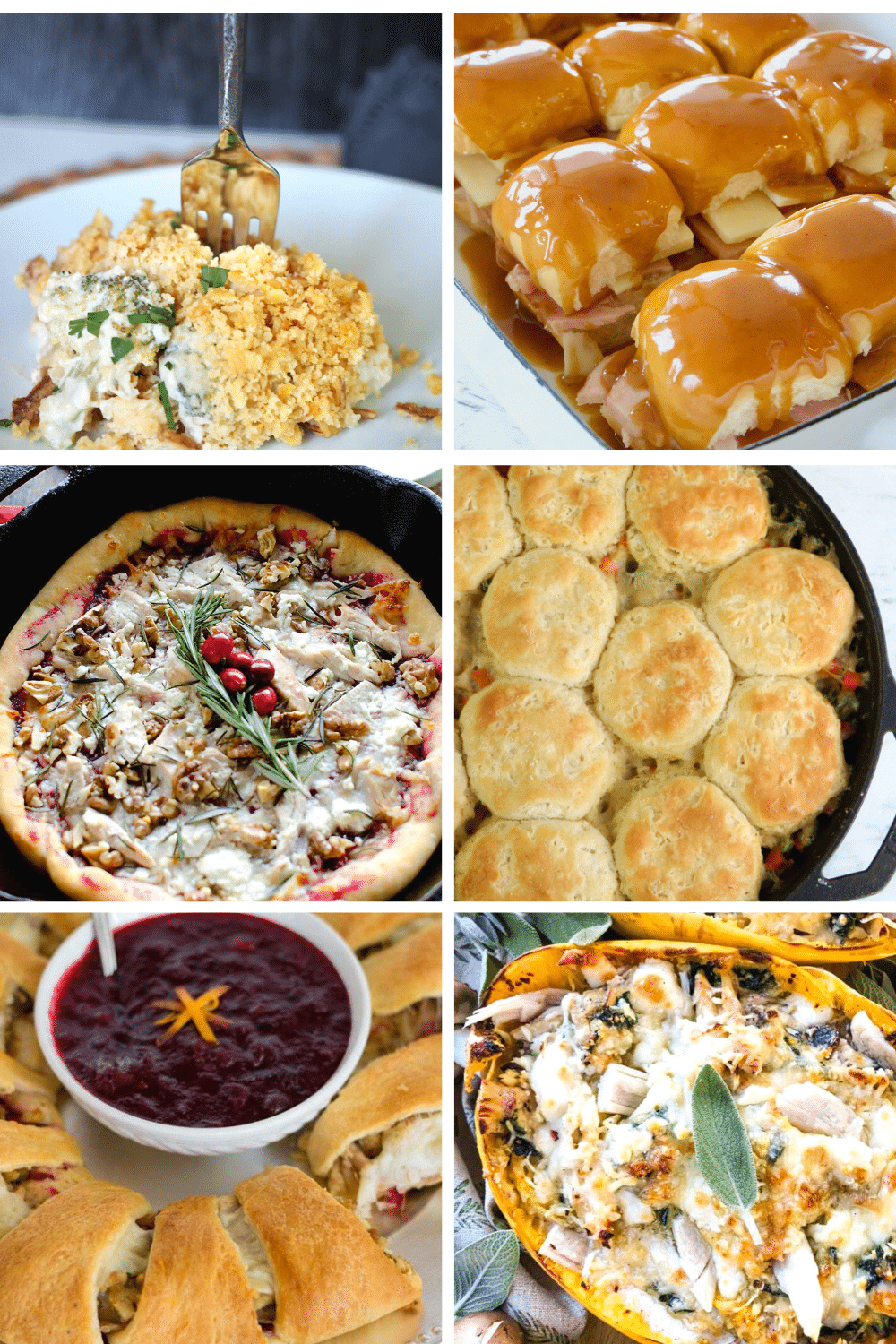 6 images for various recipes using leftover turkey breast recipes, L-R Turkey Divan, Turkey sliders, turkey cranberry pizza, turkey biscuit pie, turkey crescent ring, turkey stuffed squash.