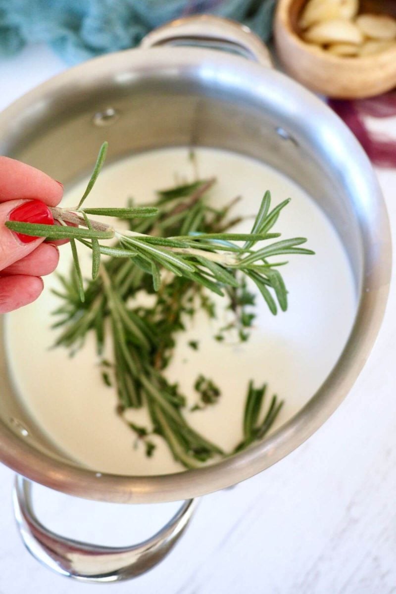 Adding fresh rosemary and thyme to pot with heavy cream and milk.