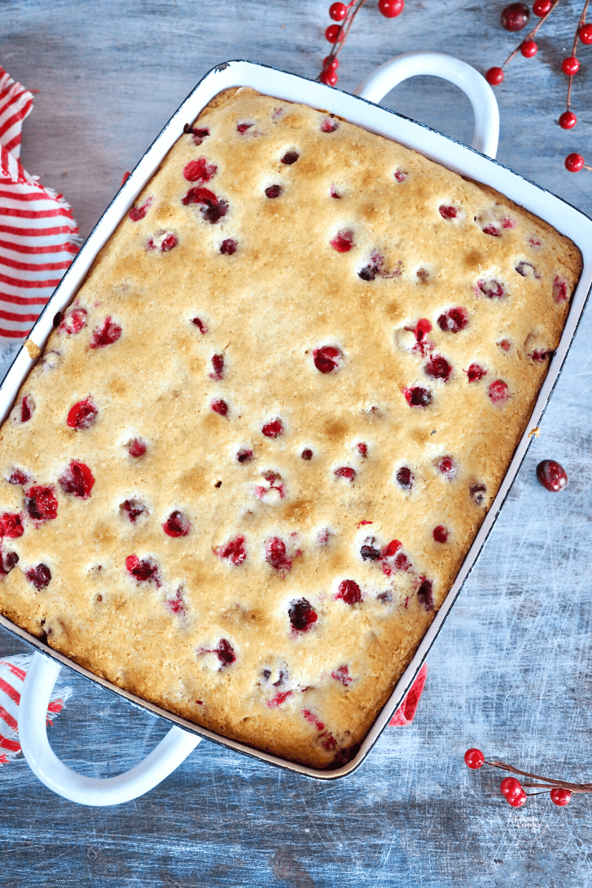 Cranberry Christmas cake in pretty white pan.