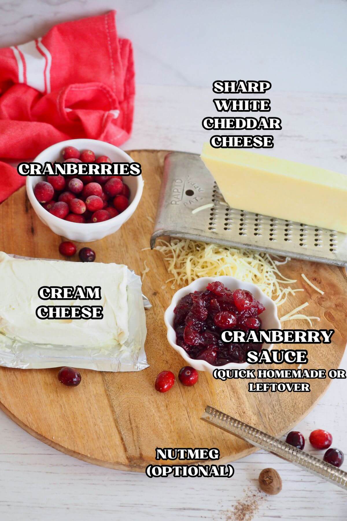 Labeled ingredients cranberry cream cheese dip.