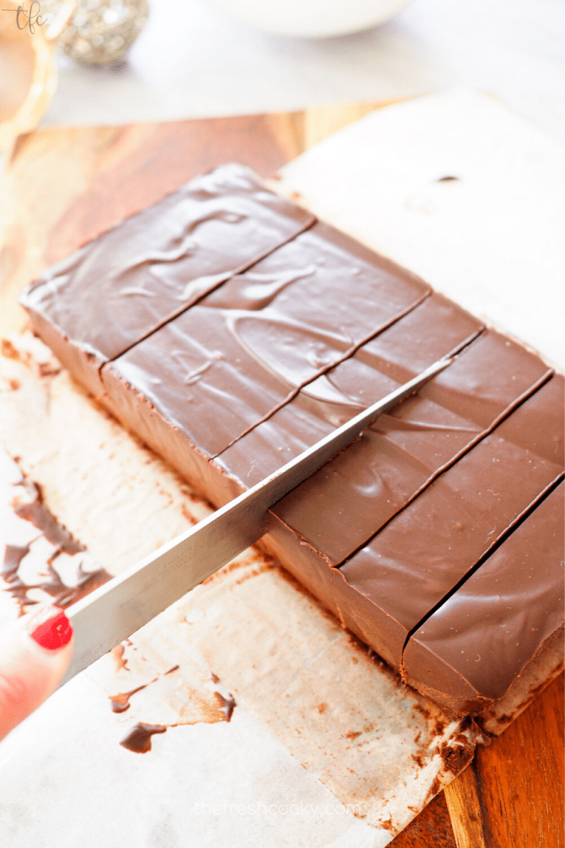 Chocolate Truffle block sliced into eighths.