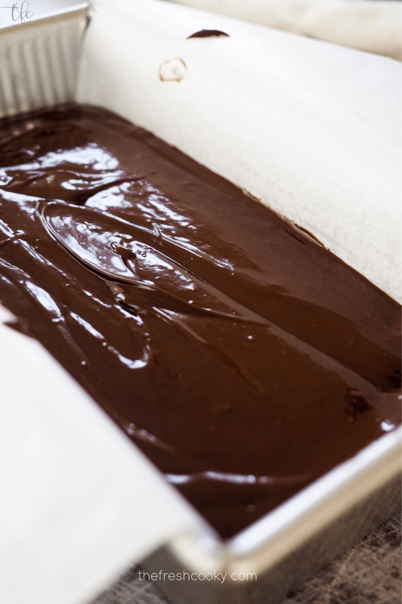 Chocolate champagne truffle batter in pan ready to chill. 
