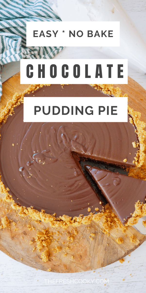 Long pin with image of top down shot of chocolate pudding pie with slice being removed with graham cracker crust.