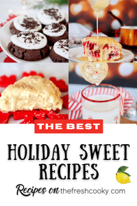 Pin with multiple images of holiday and Christmas sweets, cookies, cranberry cake, scones, and peppermint cookies.