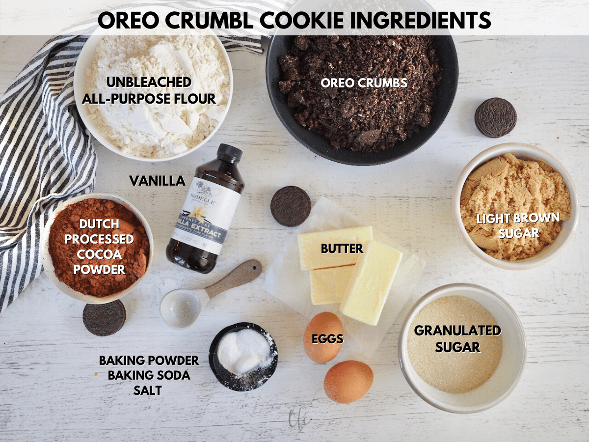 Oreo crumbl cookie ingredients labeled from L-R.