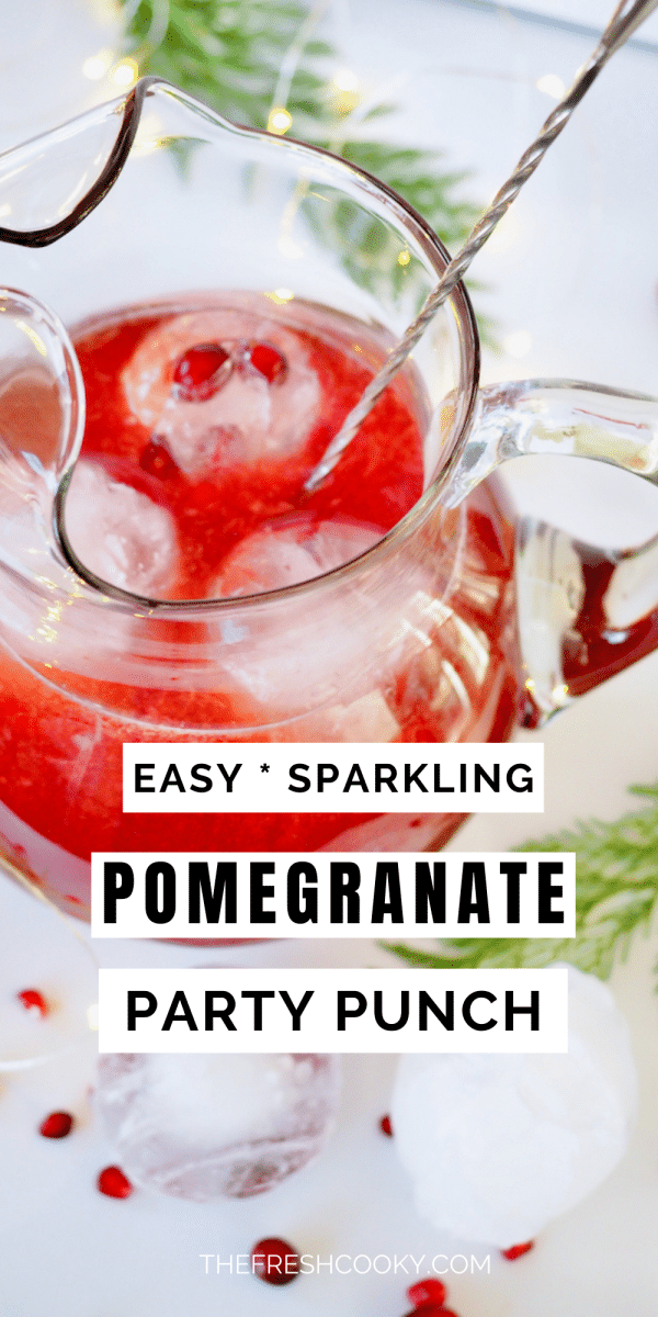 Long pin for Pomegranate Sparkling Punch with image of pitcher filled with bright red punch and pretty ice cube ornament ice balls.