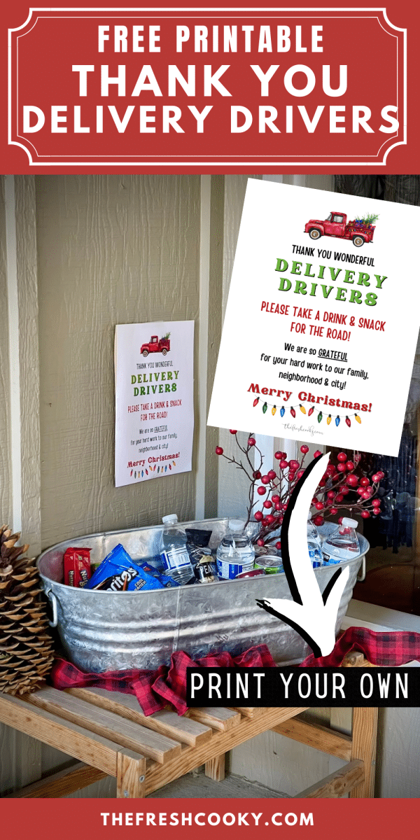 Pin with image of bin filled with snacks and drinks and sign for Delivery Drivers saying Thank you.