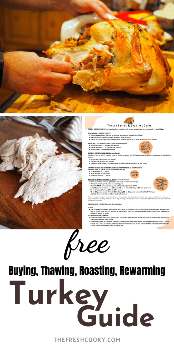 Pin for Free Turkey Roasting Guide with image of roasted turkey and sliced roast turkey, plus printable turkey guide.