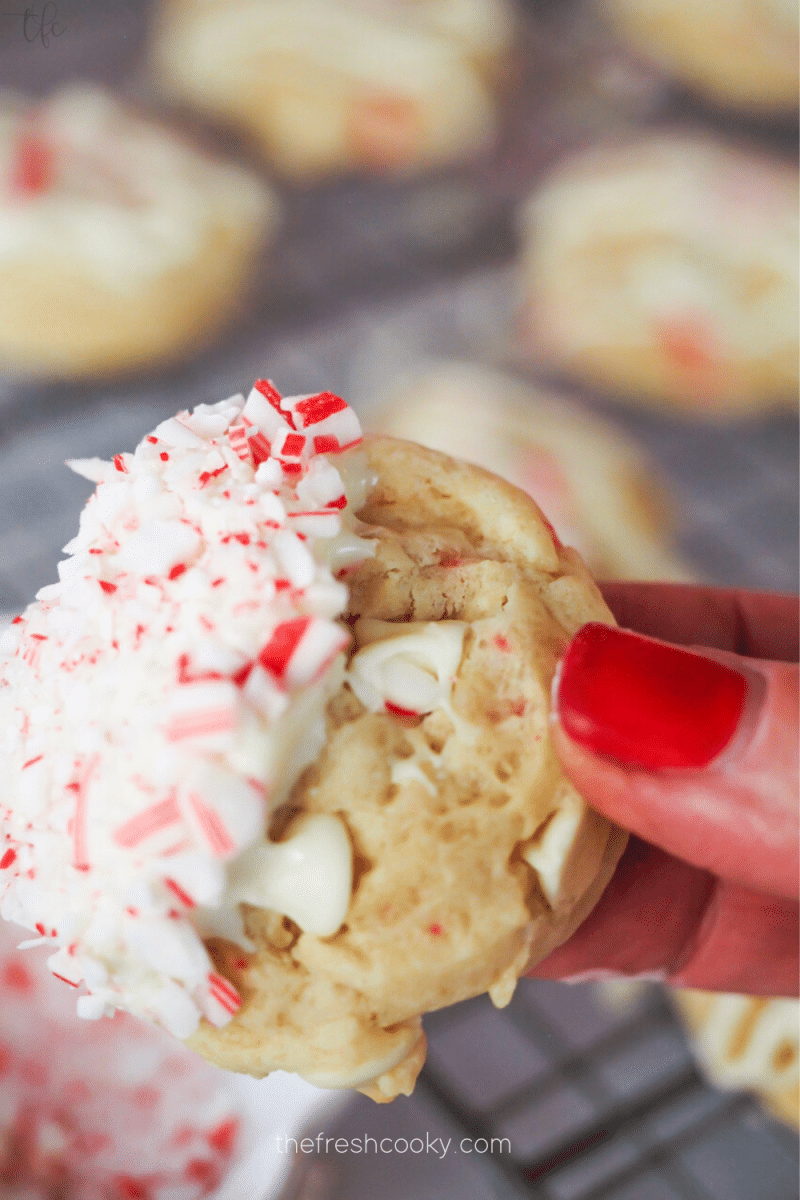 Sprinkled candy canes onto white chocolate peppermint cookies. 