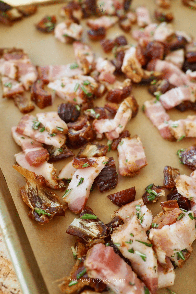 Sprinkled the bacon and dates onto a baking sheet.