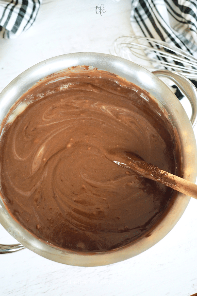 Chocolate pudding pie mixture ready to be poured into crust(s). 