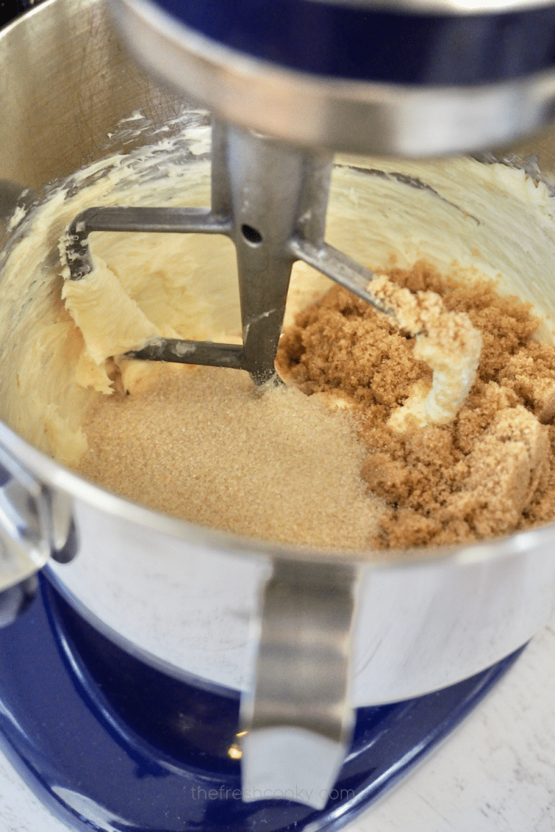 Creaming butter and sugars together for Oreo Crumbl Cookies.