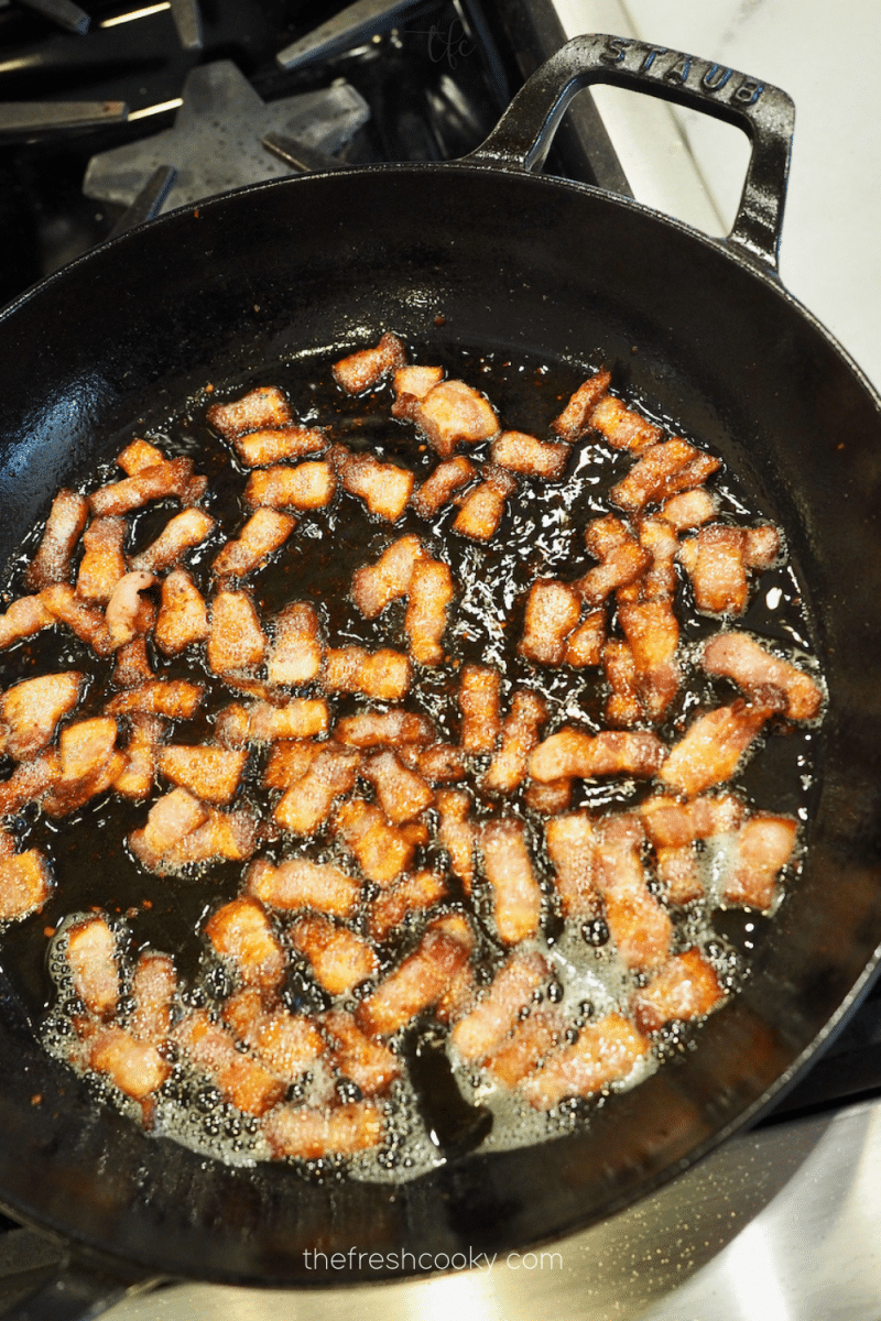 Bacon nice and crispy in skillet for southern style green beans. 