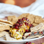 Goat cheese appetizer pistachio-crusted with fig jam and hot honey with crackers.
