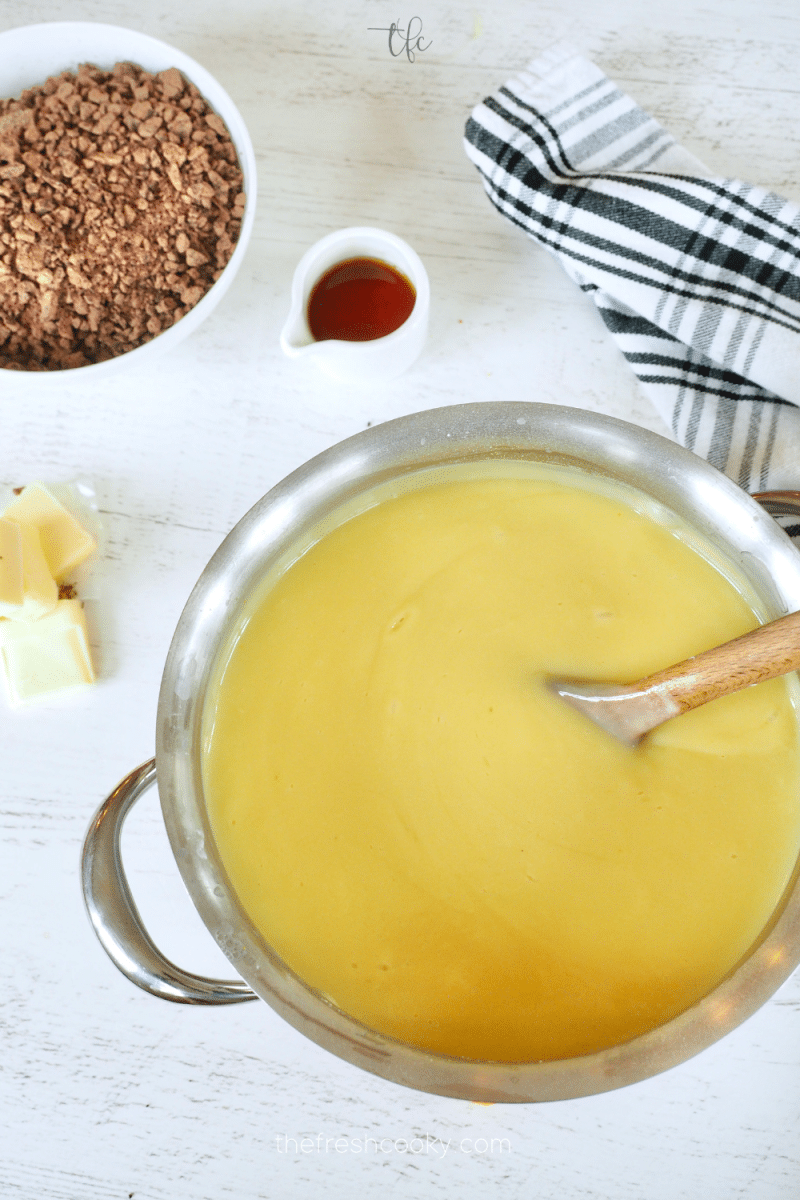 The mixture will look like vanilla pudding until you add chocolate.