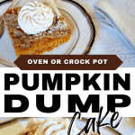 Pin for easy pumpkin dump cake with top image of two slices of pumpkin dump cake topped with whipped cream, bottom image of single slice close up of dump cake.