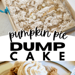 Pin for pumpkin dump cake with top image of pumpkin mixture topped with spice cake mix and melted butter, bottom image of sliced pumpkin pie dump cake topped with a swirl of whipped cream.