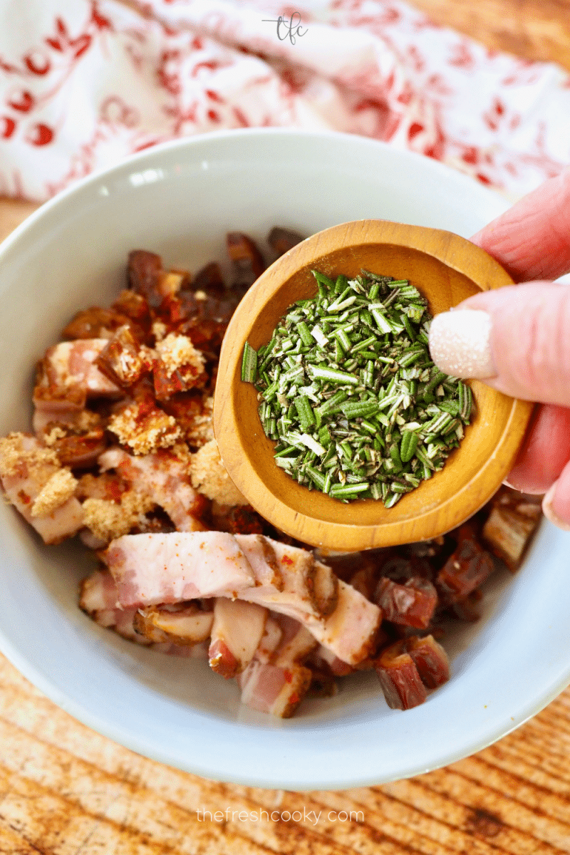 Stirring in fresh rosemary into bacon and dates. 