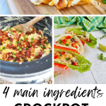 4 ingredient crock pot crack chicken pin with three images, sandwich, ranch chicken in the crockpot and in taco shells and lettuce wraps.